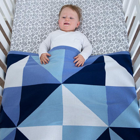 BABY BLANKET - KNITTED COTTON - Blue Triangles